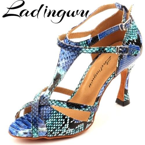Ladingwu Dance Shoes Latin Women Salsa Dance Shoes Blue Snake Pattern Girls Party Performance Professional Dance Shoes Ballroom