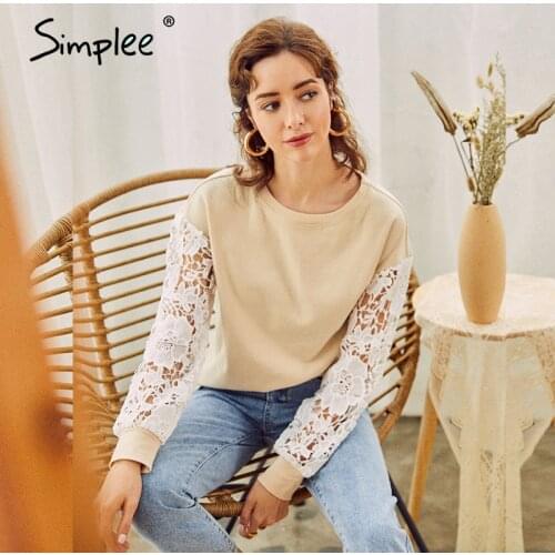 Simplee Casual round neck slim ladies blouse Solid knitted women work boluse Fashion flower pattern hollow long sleeve pullover