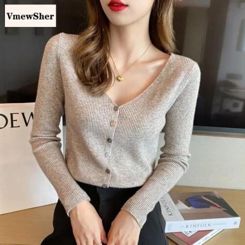 VmewSher New Autumn Spring Women Sweater Cardigan Slim Long Sleeve Female Sexy V Neck Bottons Knitted Pullover Casual Jumper Top