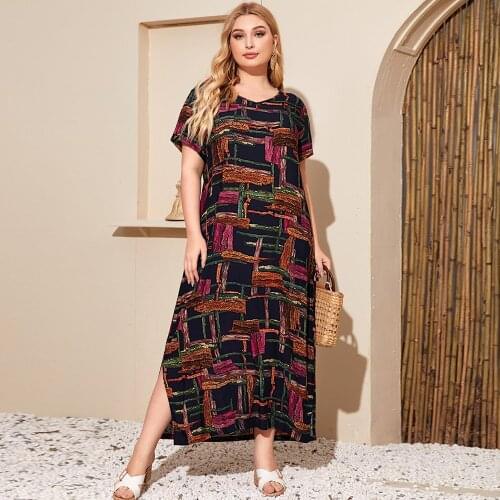 Plus Size Dress Women 2021 Summer V Neck Short Sleeve Colorful Plaid Print Casual Dress Elegant Side Split Maxi Long Dresses