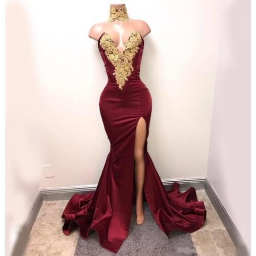 Hot Sale Burgundy Mermaid Prom Dress Lace Appliques Sexy Slit Deep V-Neck Evening Gowns Formal Dresses