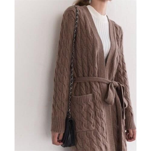 100% goat cashmere twisted knit women fashion long cardigan sweaters coat charcoal grey 2color M/L