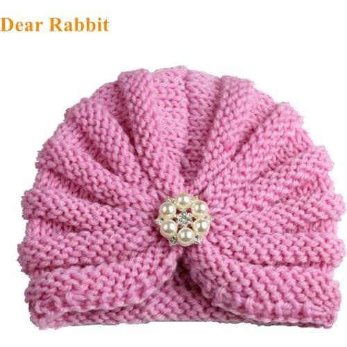 2020 Fashion Knitted Winter Baby Girl Hats with Pearls Candy Color Knit Newborn Beanie Hat Baby Turban Cap for Boys Accessories