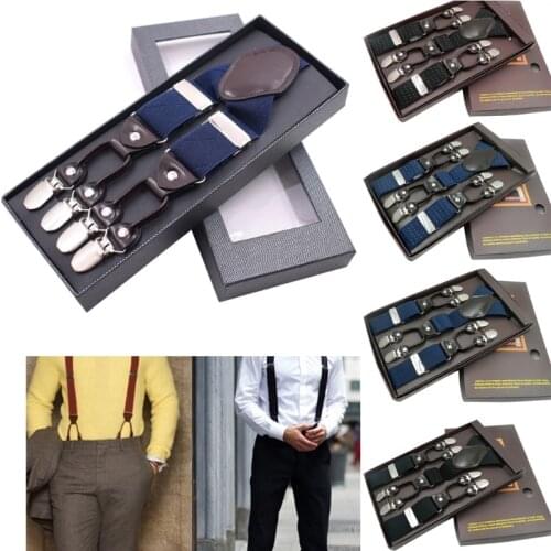 40GC Men Y-Shape Solid Or Dot Suspender Non-Slip 6 Clips Elastic Adjustable Braces