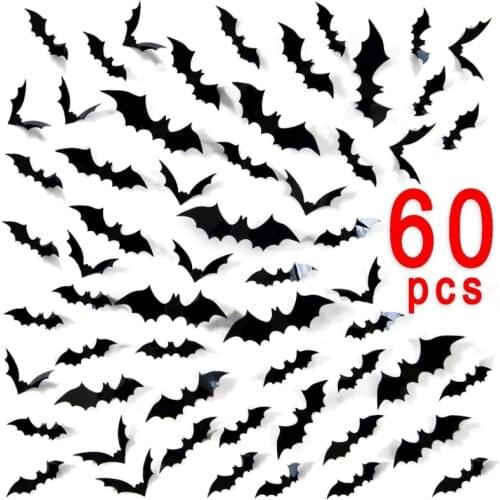 60pcs Black 3D PVC Bat Halloween Decoration Party DIY Decor Bar Haunted house Wall Sticker Scary Decor Props Halloween ornament