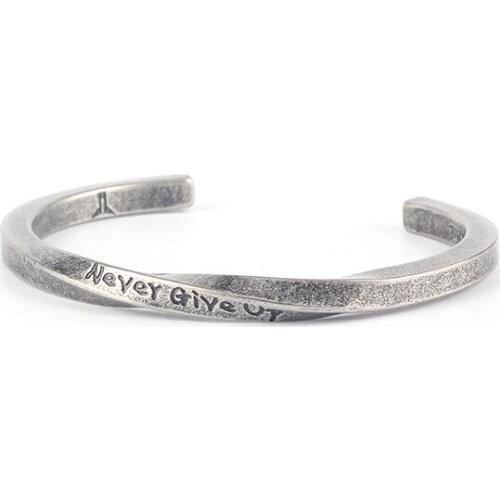 NEVER GIVE UP Letter Stainless Steel Twist Bracelet Men Vintage Cuff Bracelets Bangles For Women Men Jewelry pulseira masculina