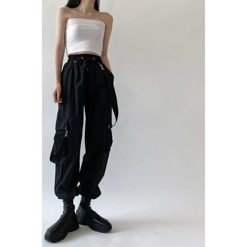 Detachable Strap Trousers Female Harajuku Cargo Pants Black Women Fashion Elastic Waist Streetwear Pants Plus Zise Casual Pants