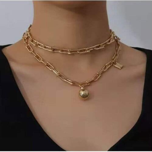 Double Layer Bamboo Chain Chokers For Women Men Gold Lock Round Ball Pendant Vintage Collar Party Jewelry Collier Punk Necklace