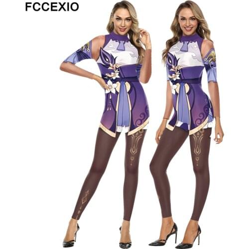 FCCEXIO Cosplay Anime Game Keqing Sexy Bodysuits Plus Size Carnival Clothing Outwear Female Cosplay Costumes Women Jumpsuits