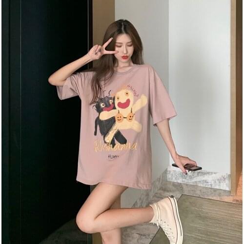 Real Shot Women Summer Vintage Cotton Loose Basic T-shirt Cartoon Graffiti Boyfriend Style Tshirt Short Sleeve Top