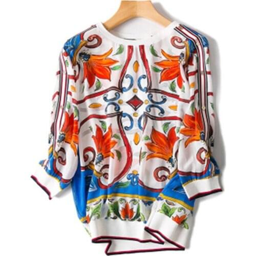 Pure silk women spring summer fashion floral printed t-shirt half sleeve Oneck one&over size