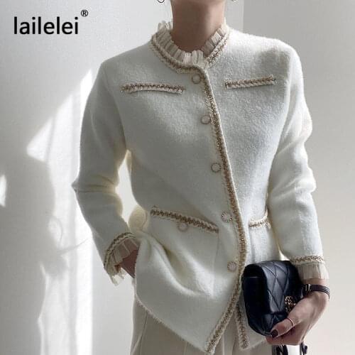 O-Neck Knitted Cardigan Button Long Sleeve Sweater Short Coat Retro Elegant Top Korean Style White Black Chic Fall 2020 Winter
