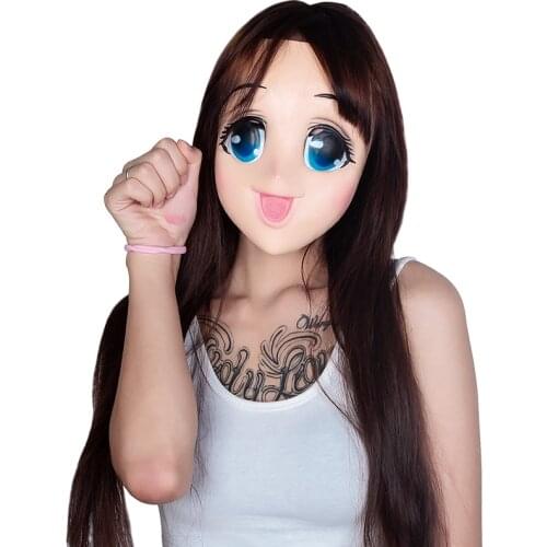 LK102)Big Eyes Girl Half Head Latex Kigurumi Mask cartoon Cosplay Japanese Anime Role Lolita Mask Crossdress Silicone Doll Mask