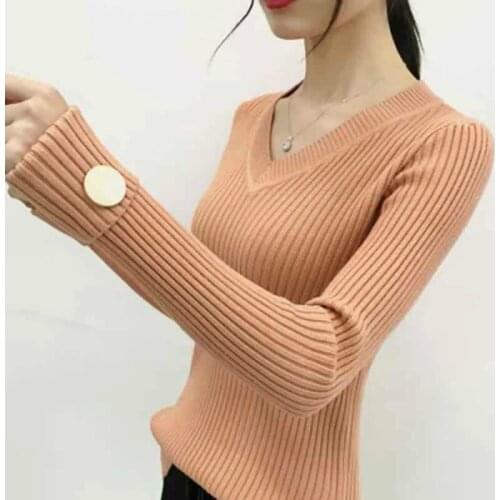 Mulheres suEteres e pulOveres de moda 2019 senhoras tops Com Decote Em V Completa Lantejoulas SOlidos magro branco