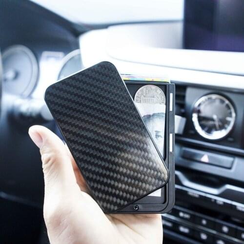 Men Automatic Credit card holder carbon fiber Leather Wallet Aluminum Mini Wallet With Back Pocket ID Card RFID Blocking purse