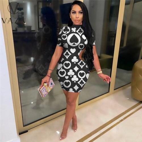 VAZN New 2021 Bandage Cartoon High Neck Summer Beach Mini Dress Sexy Regular Short Sleeve Dress Women Elegant Fashion Dress