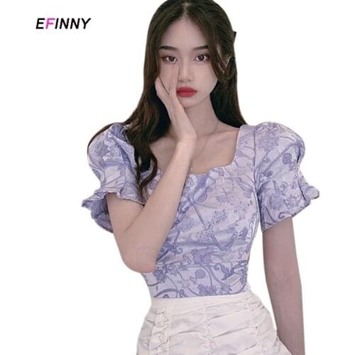 2021 New Womens T-shirt Women Kawaii Crop Top Korean Style T-shirt Summer Clothes for Women Short Puff Sleeve Ladies'clothes