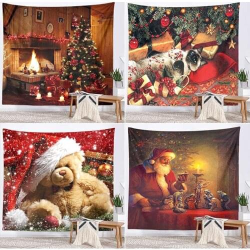 Christmas Wall Tapestry Santa Claus Present Gift Christmas Tree And Color Light Festival Background Decoration