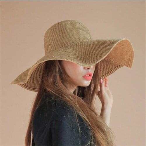 New Summer Solid Color Straw Hat Women Big Wide Along The Beach Hat Sun Hat Simple Foldable Sunscreen UV Resistant Panama Hat