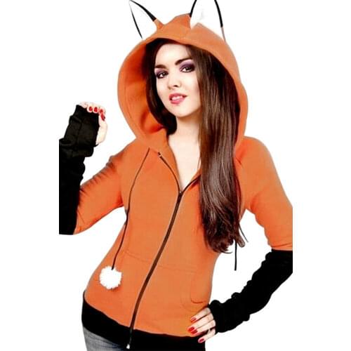 Anime Fox Orelhas Ears Cosplay Hoodie Zipper Jacket Sweatshirt Halloween Party Orange Coat