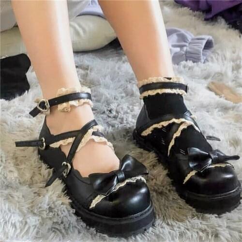 Japanese College Students Girls Round Toe Buckle Straps Bow Shoes Lolita JK Commuter Uniform Lovelive PU Leather Shoes 3 Colors