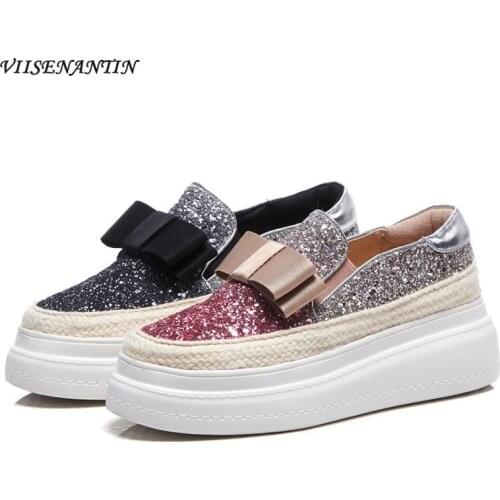 Fashion Cowhide Sequins Stitching Straw Shoes Single Shoes Womens Round Toe Shallow Mouth Platform Platform Shoes Bow Loafers