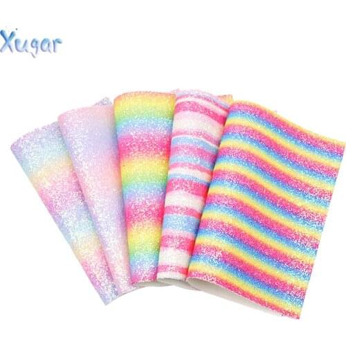 Xugar 5pcs/Set 22*30cm Rainbow Color Gradient Glitter Faux Synthetic Leather Fabric,DIY handmade materials for shoes bag hairbow