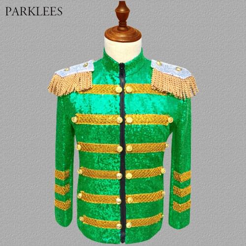 Green Sequin Embellished Blazer Jacket Men Stage Party Mens Suit Jacket Military Dress Tuxedo Men Blazer Singer DJ Costume Homme