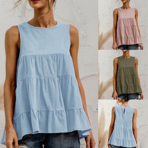 Hot kf-Summer O-Neck Sleeveless Patchwork Loose T-Shirt Top Elegant Women Solid Color Casual Tank Top Streetwear