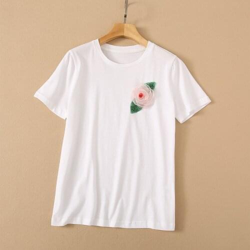 European and American womens wear for summer 2021 Round neck with short sleeves decorated flowers Fashionable cotton T-shirt