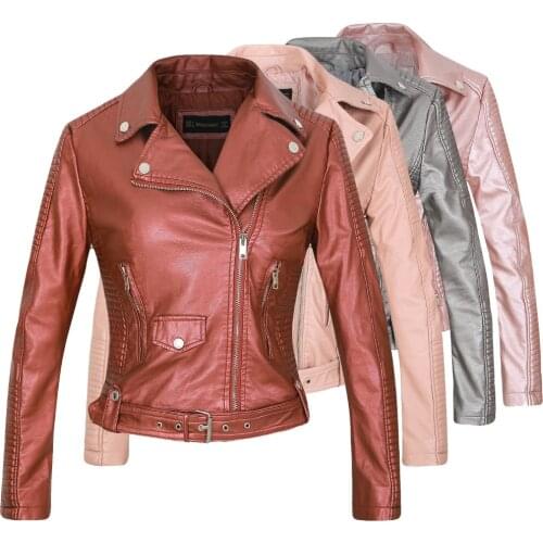 Women Sexy Fashion Autumn Winter Faux PU Leather Jackets Punk Rock Black Outerwear Slim Fit Motorcycle Jacket Pink Beige 6 Color