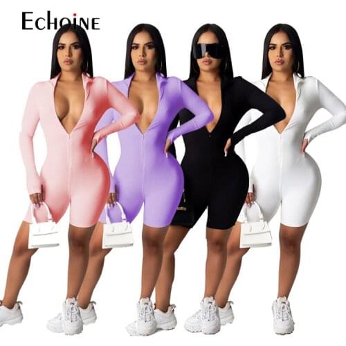 Echoine Women Solid color Sexy zipper adult Onesies Jumpsuit Sleepwear Shorts long Sleeve Bodycon Bodysuit Romper Pants Overalls