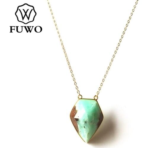 FUWO New Chrysoprase Arrowhead Pendant Necklace with Gold Trimmed Carved Amazonite Fluorite Pink Quartz Jewelry For Women NC255