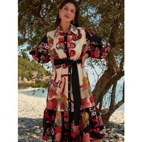 Women Ecru Floral Printed Ruffled Belted Midi Shirt Dress Spring Summer Beach Holiday Casual Bohemian Style Dresses 2021 New