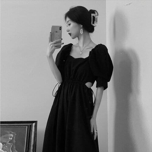 Bella Women Summer Sexy Drawstring Long Dress Vintage French Lady Puff Sleeve Party Dress Casual Street Female Backless Dress