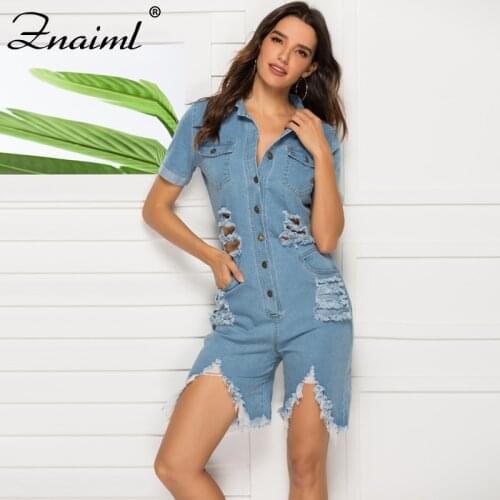 Znaiml Blue Denim Playsuits For Women Short Sleeve Button Ripped Hole Elastic Rompers Slim Fit Jeans Jumpsuit Ladies Vestidos