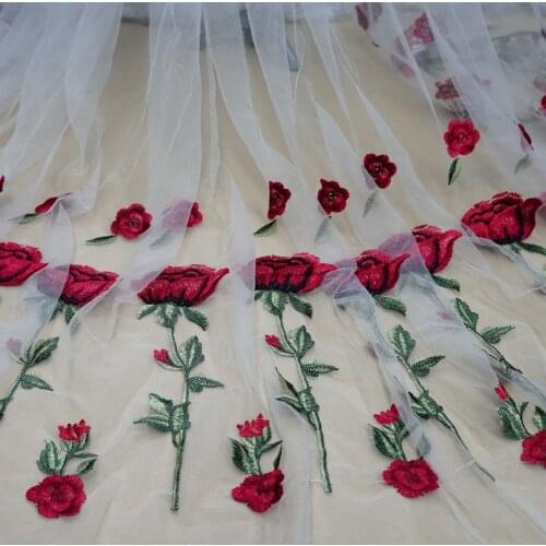 2 Yards Red Rose Applique Embroidery Tulle lace Fabric Symmetry Romantic fabric for Wedding Dress DIY Sewing Prom Dress Curtain