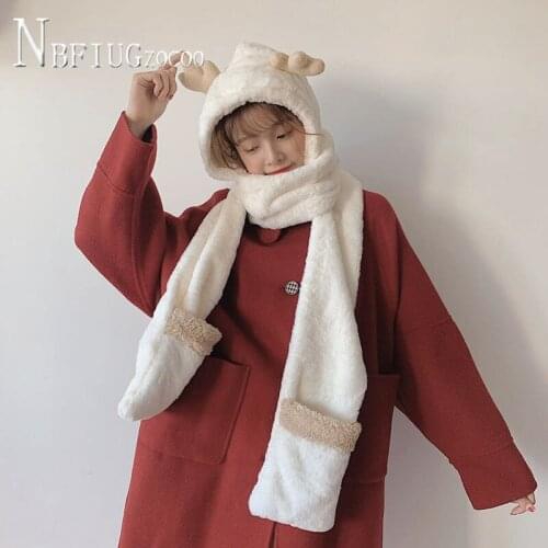2020 Winter Women Novelty Caps Warm Cute Antlers Hat Casual Plush Hat Scarf Gloves Set Casual Solid Fleece Women Caps