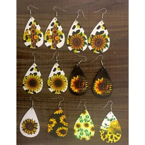 24 Pairs/Set Sunflowers Leopard Cactus Teardrop Earrings Faux Leather Earrings Bulk Order Wholesale