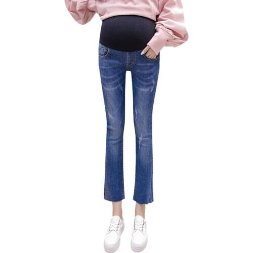 9/10 Length Denim Fashion Elastic Waist Denim Maternity Belly Jeans Pants Clothes for Pregnant Women Pregnancy Pencil Trousers