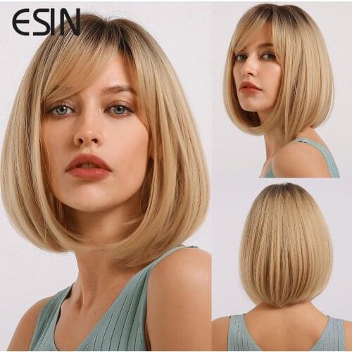 ESIN Brown Ombre to blonde Medium Long Straight Bob Wig with Bangs for Women Natural Cosplay Wigs Heat Resistant Synthetic Hair