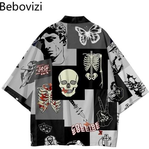 Streetwear Men Women Cardigan Cosplay Haori Yukata Harajuku Tops Robe Plus Size 5XL 6XL Skull Print Beach Japanese Style Kimono