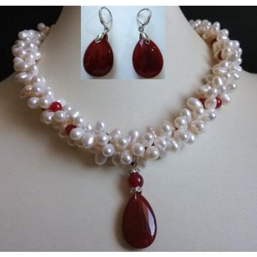 Unique Pearls jewellery Store 6-7mm White Freshwater Pearl Red Agates Necklace Earrings Jewellery Set Charming Women Party Gift