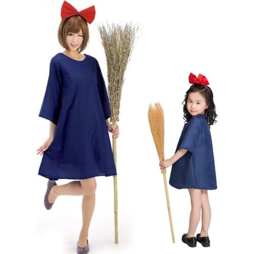 Kikis Witch Family Cosplay Halloween Costume Parent-child outfit Fancy Dress Dirndl Anime Cotton Blue Dress with Headdress
