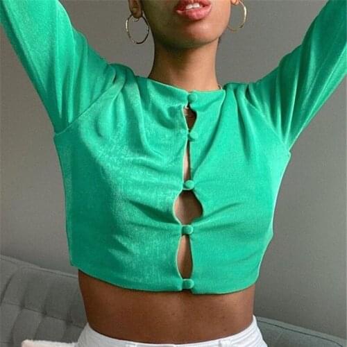 Baldauren Hot sale Solid Women Long Sleeve T Shirt Button Crop Top Casual Streetwear Party Club 2021 Summer Clothes