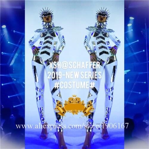 Newest Party Event Silver Mirror Woman Clothes Dance Team Suit Headwear Christmas Halloween Ballroom Catwalk Costumes
