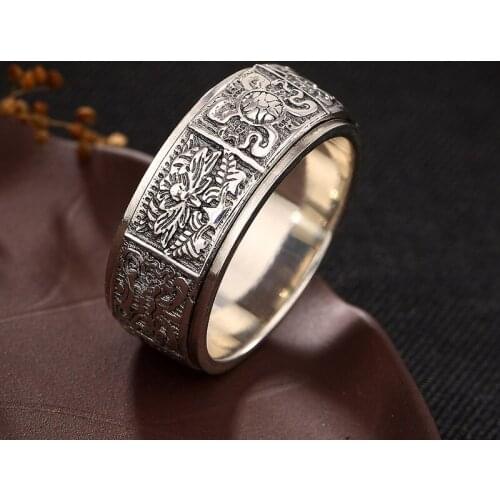 S925 silver Buddhist eight eight auspicious silver retro personality can rotate male Ladies Ring