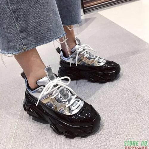 Silver Patent Leather Chunky Sneakers Women 2020 Spring Punk Style High Platform Sneakers Woman Lace Up Casual Shoes Flat