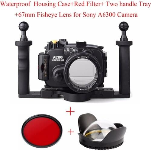 Meikon 40m/130ft Waterproof Underwater Camera Housing Case for Sony A6300 16-50mm Lens + Tray + Red Filter + 67mm Fisheye Lens