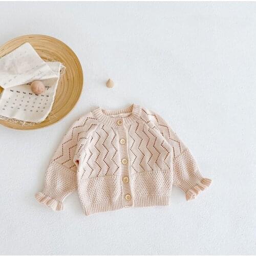 2021 Autumn Sweet Korean Style Newborn Baby Girl Knitted Hollow Cardigan Kids Long Sleeve Solid Sweater Jacket Button Outwear